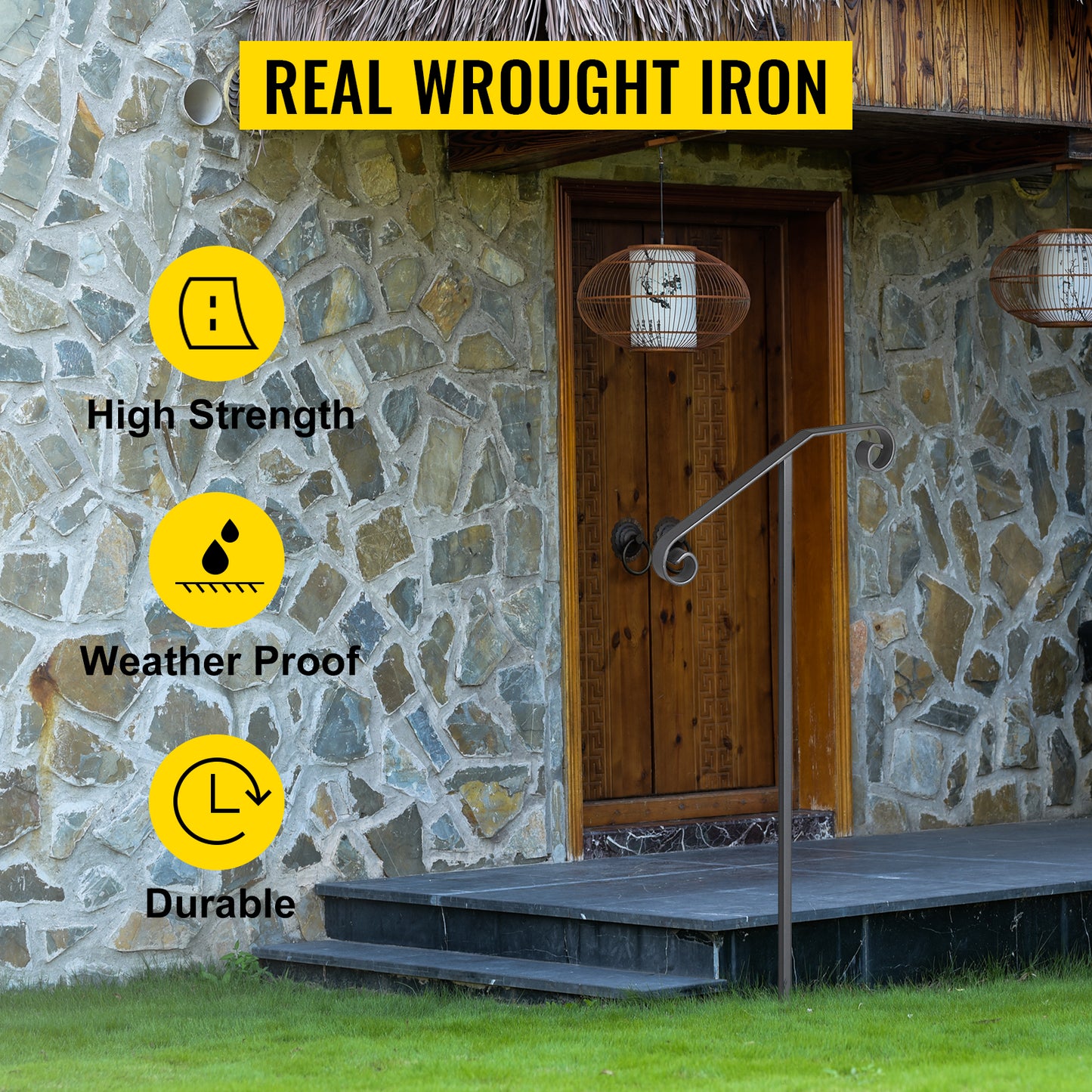 VEVOR Single Post Wrought Iron Handrail  Post Mount Step Grab Supports in Ground Long Post Fits 1 or 2 Steps Grab Rail Single