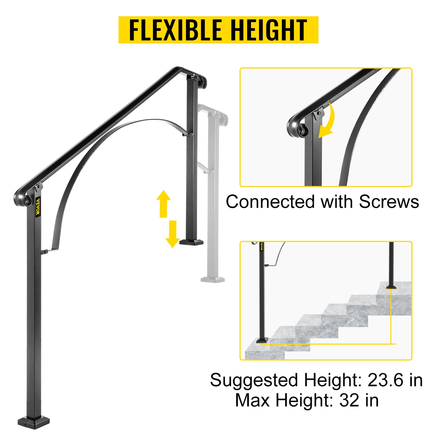 VEVOR Handrails for Outdoor Steps Fit 4 or 5 Steps Outdoor Stair Railing Arch#4 Wrought Iron Handrail Flexible Porch Railing