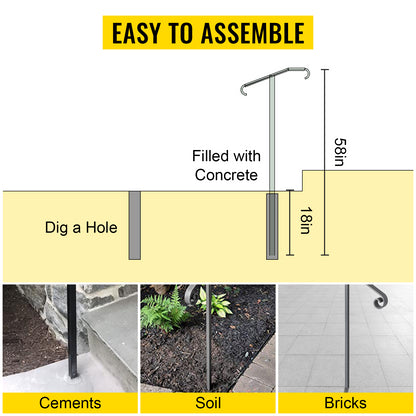 VEVOR Single Post Wrought Iron Handrail  Post Mount Step Grab Supports in Ground Long Post Fits 1 or 2 Steps Grab Rail Single