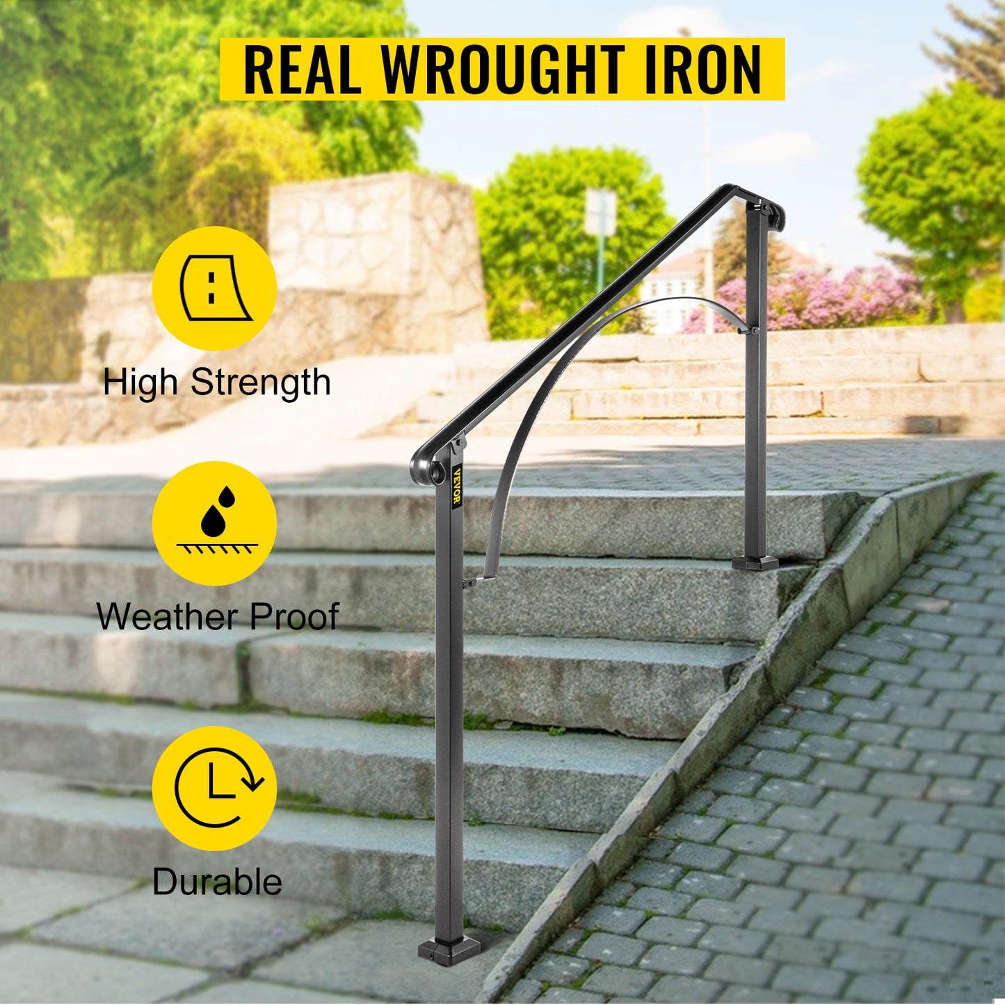 VEVOR Handrails for Outdoor Steps Fit 4 or 5 Steps Outdoor Stair Railing Arch#4 Wrought Iron Handrail Flexible Porch Railing