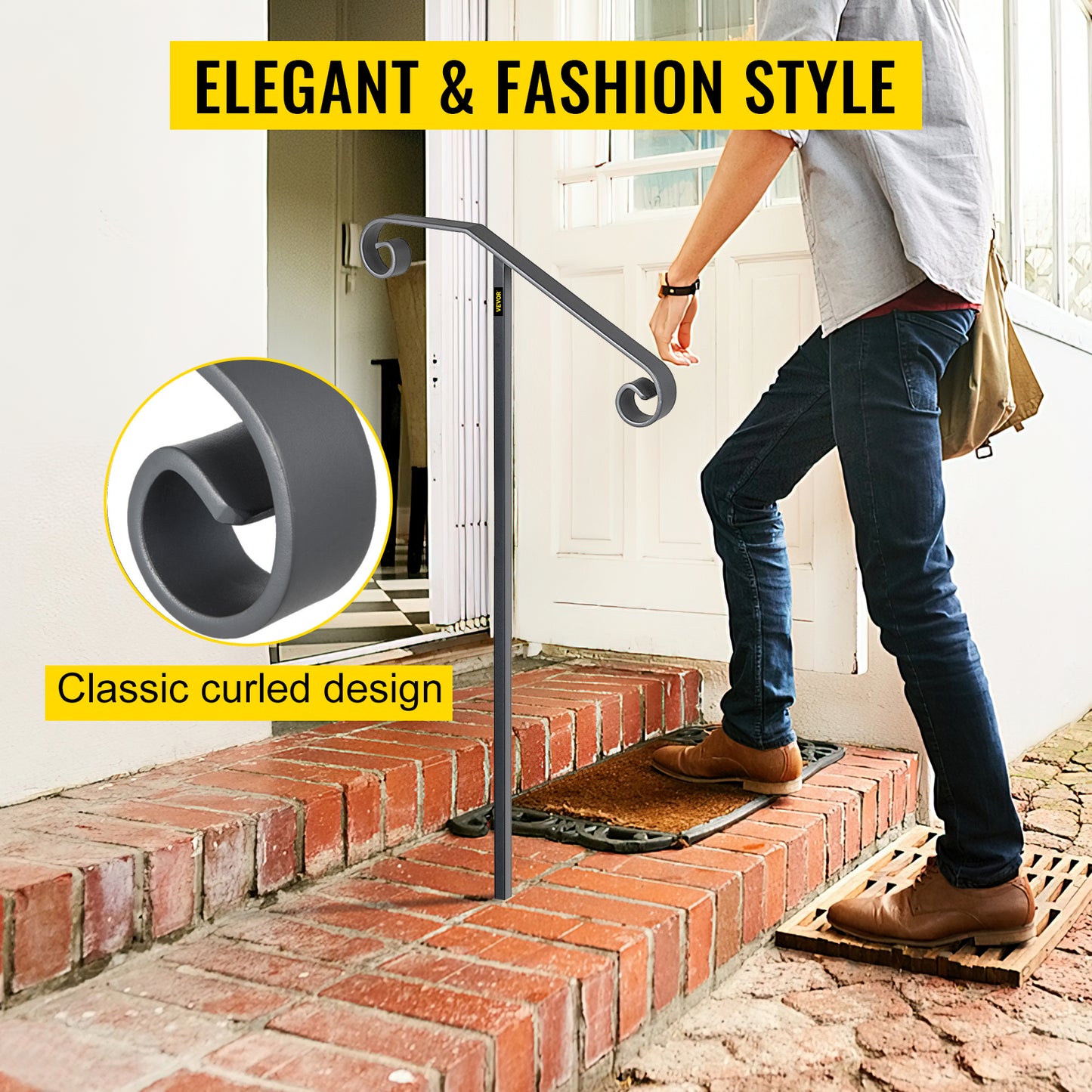 VEVOR Single Post Wrought Iron Handrail  Post Mount Step Grab Supports in Ground Long Post Fits 1 or 2 Steps Grab Rail Single