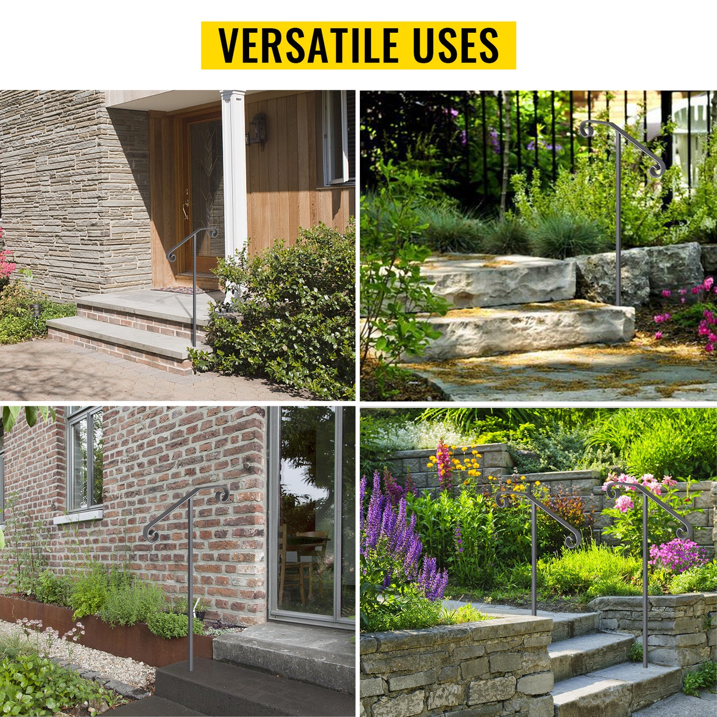 VEVOR Single Post Wrought Iron Handrail  Post Mount Step Grab Supports in Ground Long Post Fits 1 or 2 Steps Grab Rail Single