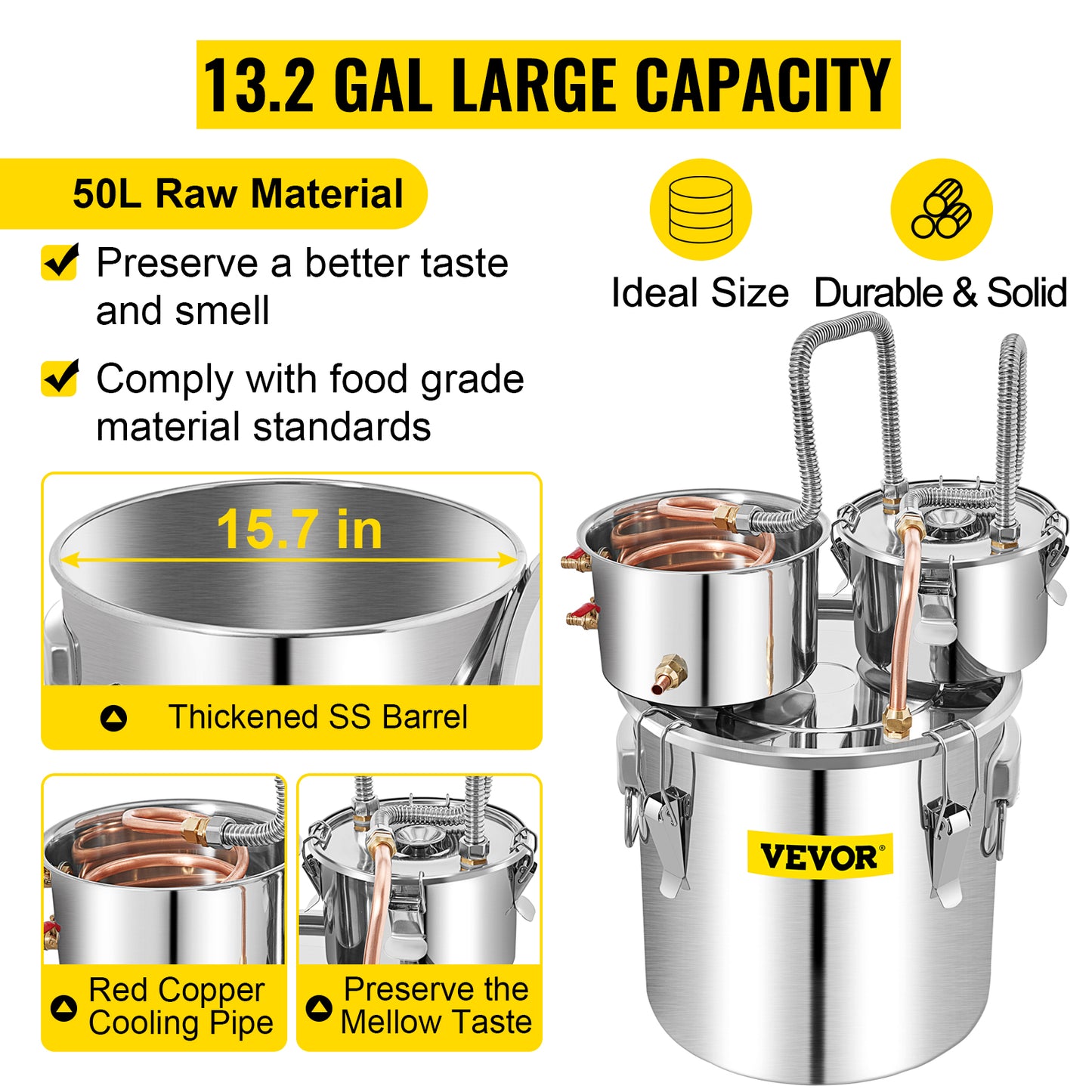 VEVOR 50L Alcohol Water Distiller Bottle DIY Moonshine Equipment Stainless Steel Brewing Machine for Whisky Wine Beer Dispenser