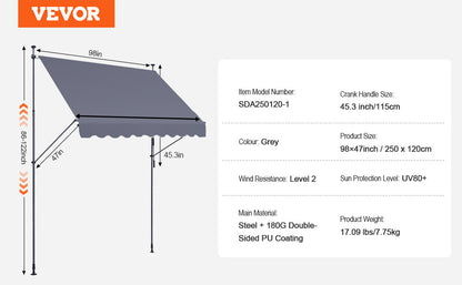 VEVOR Patio Awning Retractable Awning Sunshade Shelter with Manual Crank Handle Outdoor Canopy Sunsetter Deck for Balcony Yard