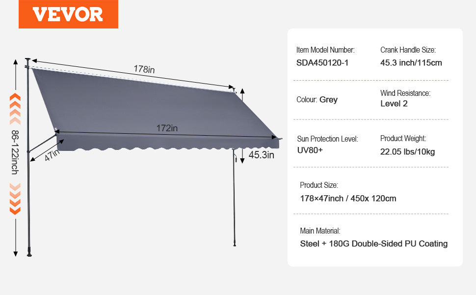 VEVOR Patio Awning Retractable Awning Sunshade Shelter with Manual Crank Handle Outdoor Canopy Sunsetter Deck for Balcony Yard