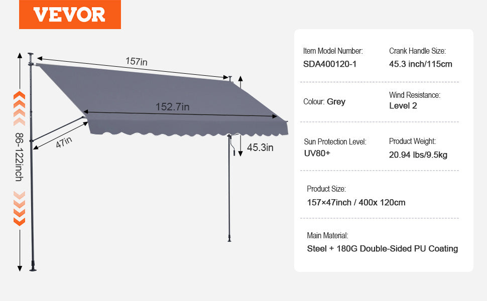 VEVOR Patio Awning Retractable Awning Sunshade Shelter with Manual Crank Handle Outdoor Canopy Sunsetter Deck for Balcony Yard