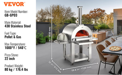 VEVOR Dual Fuel Pizza Oven for Outdoor Use 22" Pizza Oven Pellet & Gas Powered Outdoor Pizza Oven with Cordierite Pizza Stone