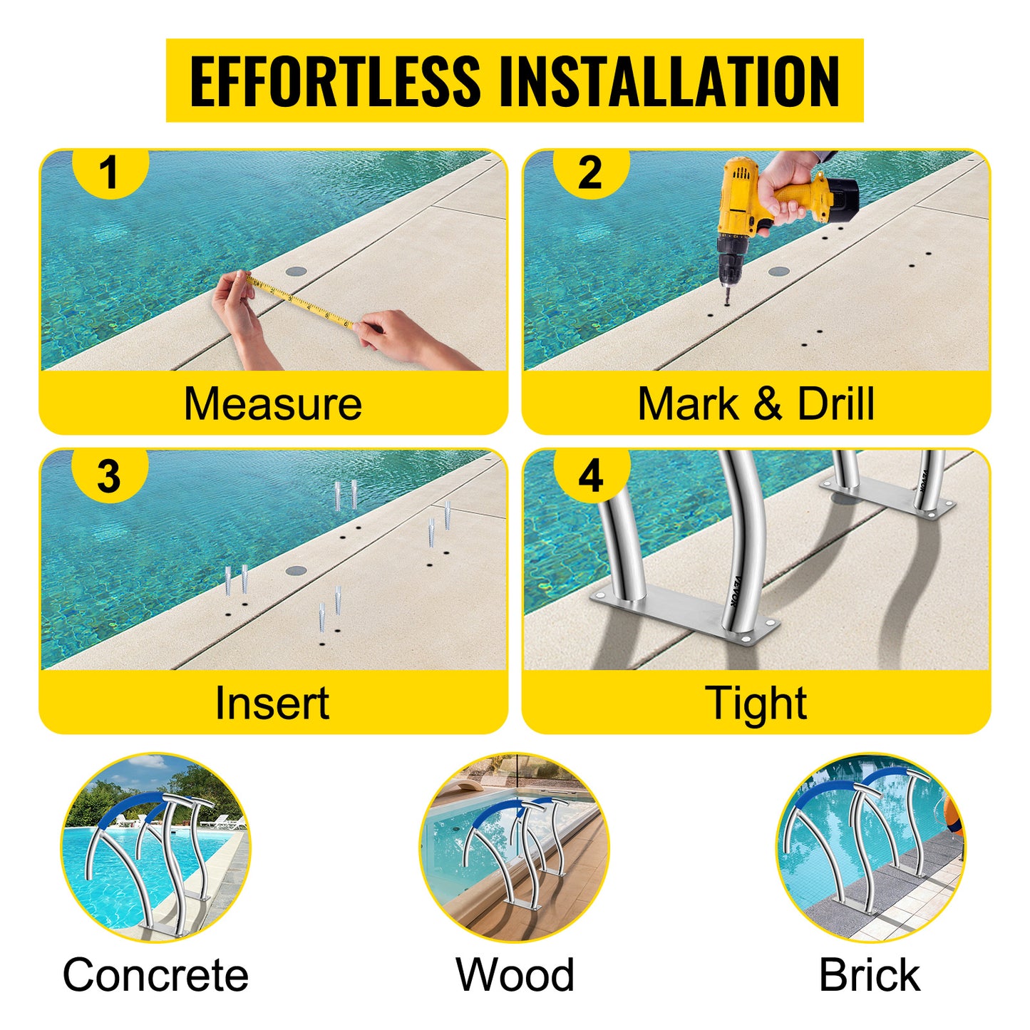 VEVOR 2 Pack 30" x 30" Swimming Pool Stair Rail 375 lbs Load Capacity w/ Quick Mount Base Plate & Complete Mounting Accessory