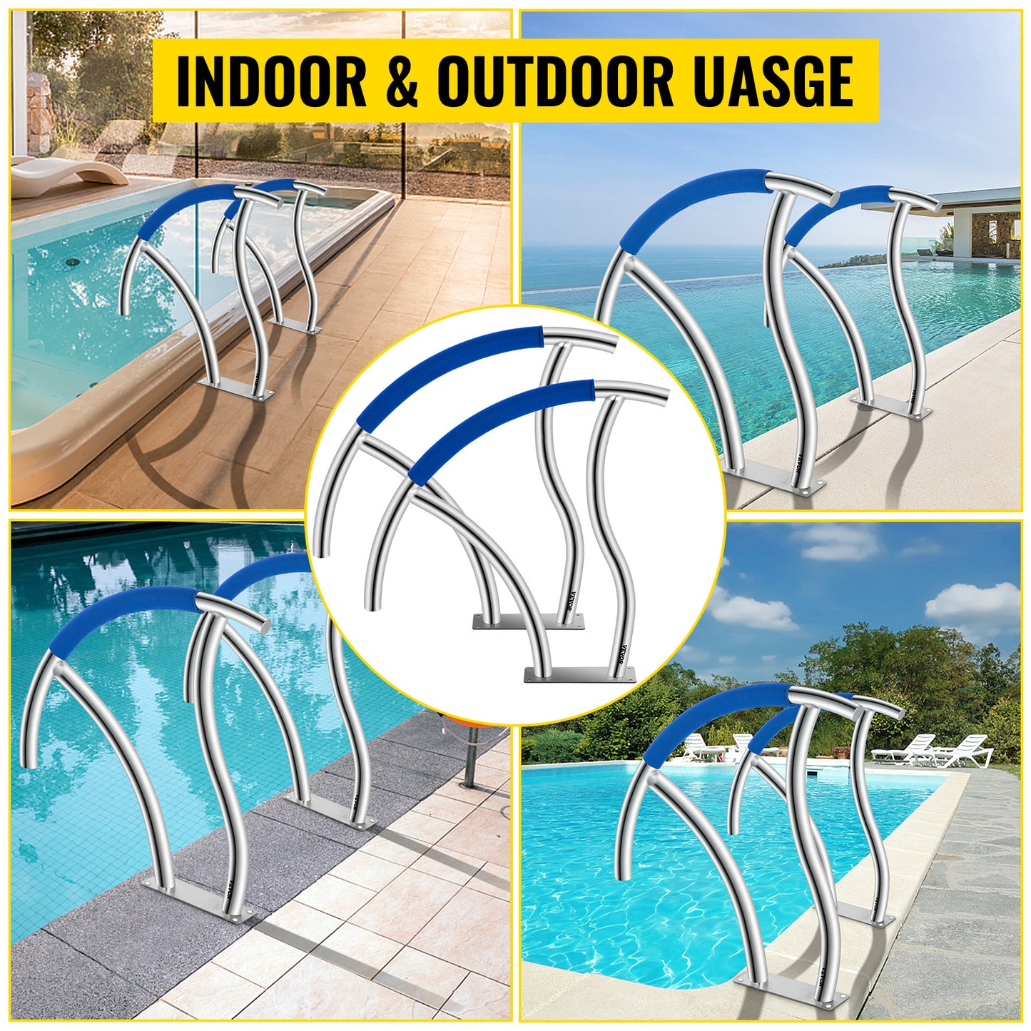 VEVOR 2 Pack 30" x 30" Swimming Pool Stair Rail 375 lbs Load Capacity w/ Quick Mount Base Plate & Complete Mounting Accessory