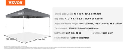 VEVOR Pop Up Canopy Tent 250D PU Silver Coated Tarp with Portable Roller Bag and 4 Sandbags Waterproof and Sun Shelter Gazebo