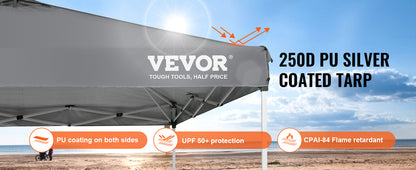 VEVOR Pop Up Canopy Tent 250D PU Silver Coated Tarp with Portable Roller Bag and 4 Sandbags Waterproof and Sun Shelter Gazebo