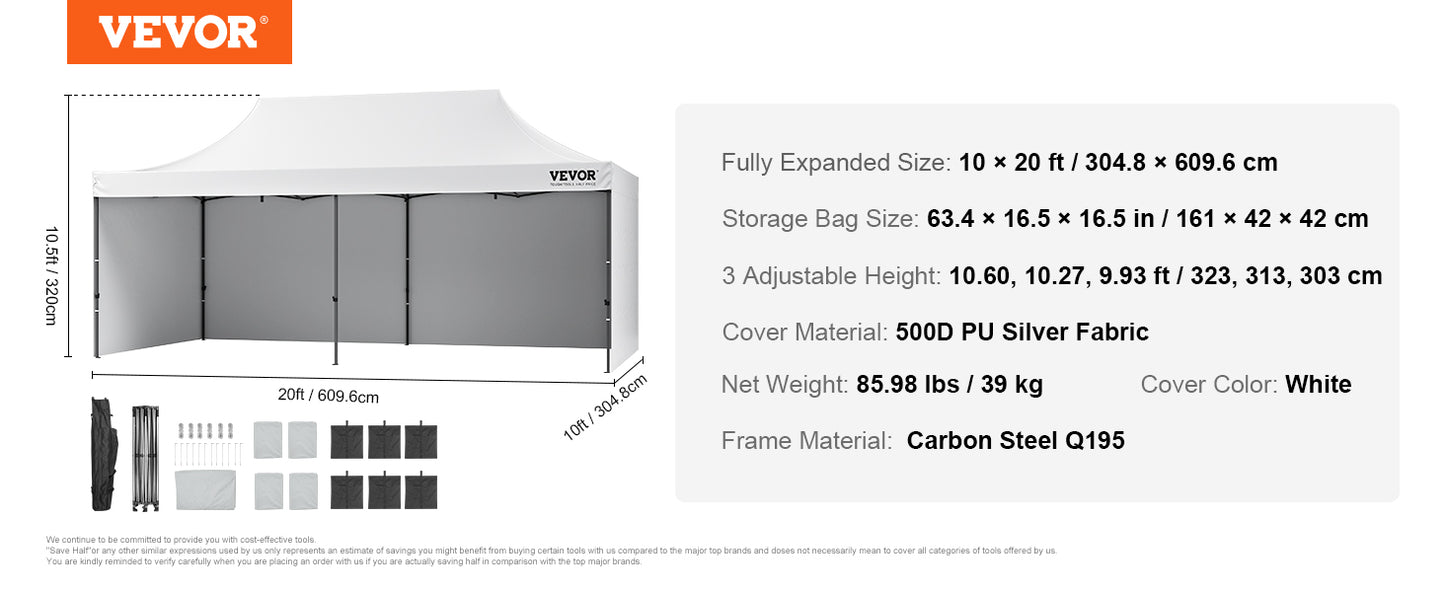 VEVOR 10x10 FT Pop up Canopy with Removable Sidewalls Portable Gazebo & Wheeled Bag  UV Resistant Waterproof Tent for Patio