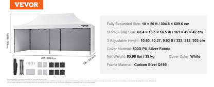 VEVOR 10x10 FT Pop up Canopy with Removable Sidewalls Portable Gazebo & Wheeled Bag  UV Resistant Waterproof Tent for Patio