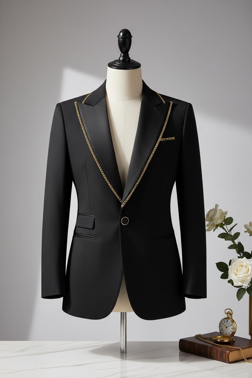 Men's Premium Tuxedo Blazer with Gold Chain Detail - Luxury Formal Jacket