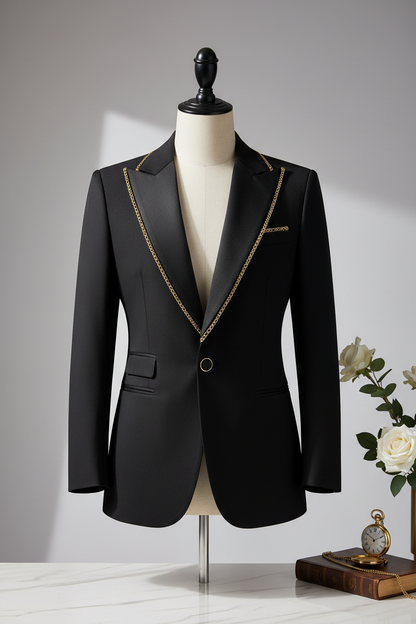 Men's Premium Tuxedo Blazer with Gold Chain Detail - Luxury Formal Jacket