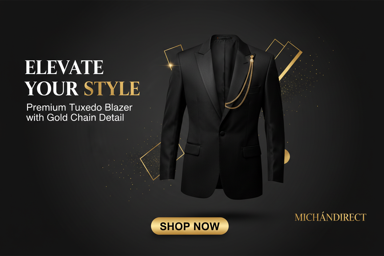 Men's Premium Tuxedo Blazer with Gold Chain Detail - Luxury Formal Jacket