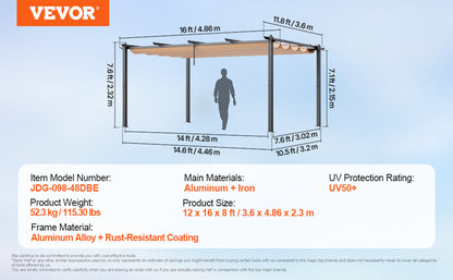 VEVOR Outdoor Retractable Pergola with Canopy Aluminum Pergola with Canopy Modern Pergola with Sun Shade Canopy for Patios