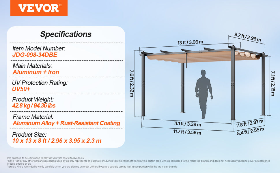 VEVOR Outdoor Retractable Pergola with Canopy Aluminum Pergola with Canopy Modern Pergola with Sun Shade Canopy for Patios