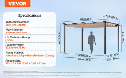VEVOR Outdoor Retractable Pergola with Canopy Aluminum Pergola with Canopy Modern Pergola with Sun Shade Canopy for Patios