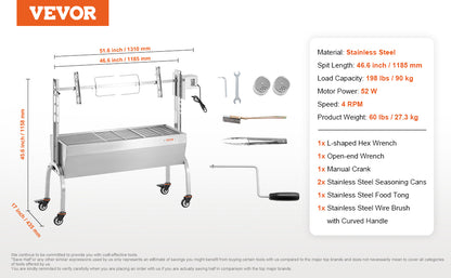 VEVOR 46inch Rotisserie Grill with Windscreen Charcoal Spit Grill 132 Lbs Capacity Stainless Steel Roaster with Lockable Wheels