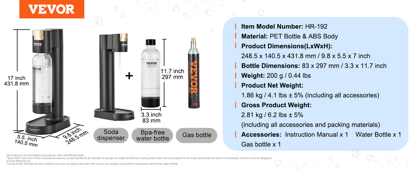 VEVOR Sparkling Water Maker Soda Machine for Home Carbonating Seltzer Water Starter Kit w/ Mainstream Screw-in 60L CO2 Cylinder