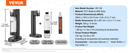 VEVOR Sparkling Water Maker Soda Machine for Home Carbonating Seltzer Water Starter Kit w/ Mainstream Screw-in 60L CO2 Cylinder