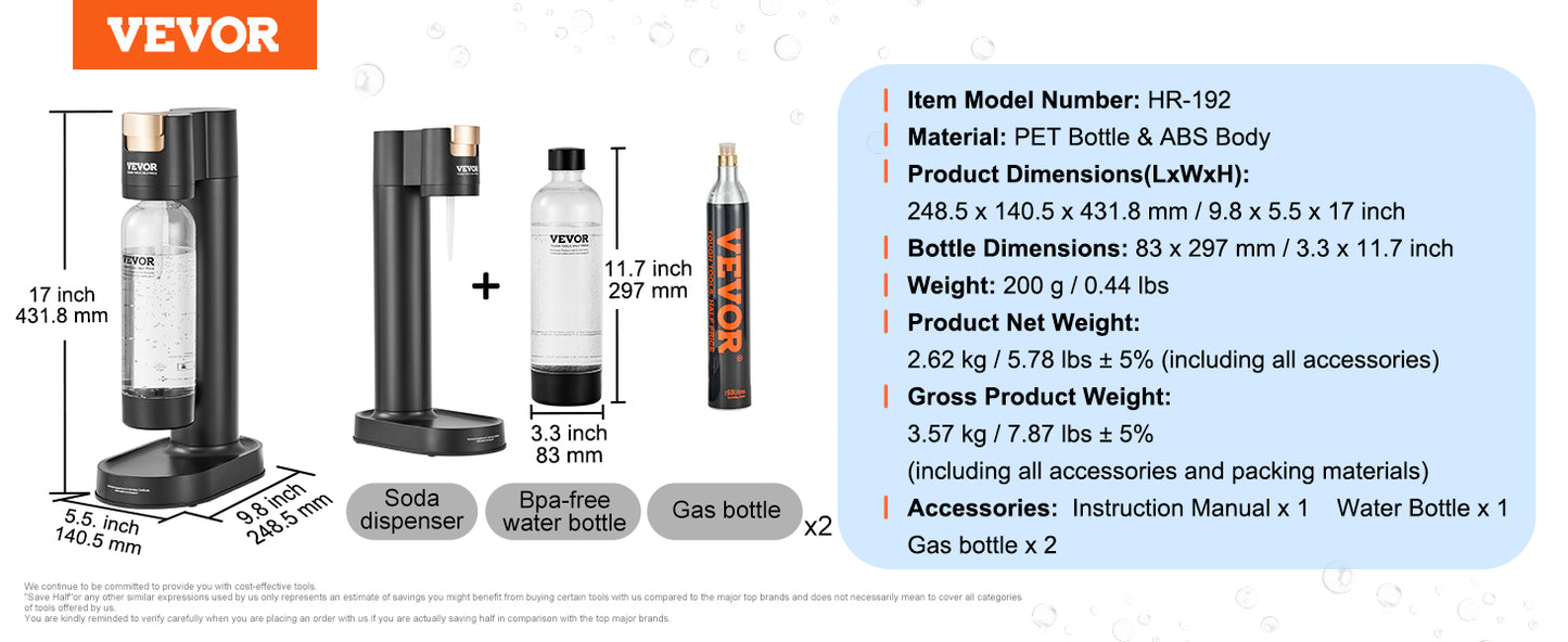 VEVOR Sparkling Water Maker Soda Machine for Home Carbonating Seltzer Water Starter Kit w/ Mainstream Screw-in 60L CO2 Cylinder