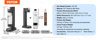 VEVOR Sparkling Water Maker Soda Machine for Home Carbonating Seltzer Water Starter Kit w/ Mainstream Screw-in 60L CO2 Cylinder