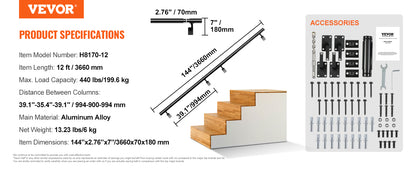 VEVOR 4/5/7/12 ft Handrail Stair Railing 440 LBS Wall Mount Stairway Hand Rail with Installation Kit for Indoor Outdoor Stairs