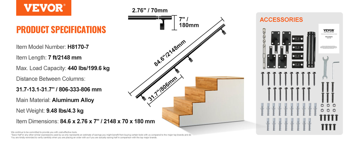 VEVOR 4/5/7/12 ft Handrail Stair Railing 440 LBS Wall Mount Stairway Hand Rail with Installation Kit for Indoor Outdoor Stairs