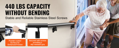 VEVOR 4/5/7/12 ft Handrail Stair Railing 440 LBS Wall Mount Stairway Hand Rail with Installation Kit for Indoor Outdoor Stairs